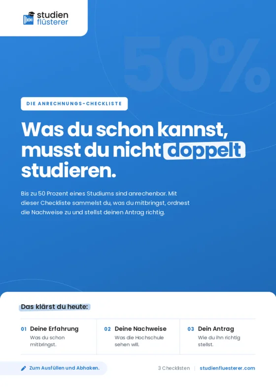 Vorschau der Anrechnungs-Checkliste: Titelseite mit dem Satz Was du schon kannst, musst du nicht doppelt studieren