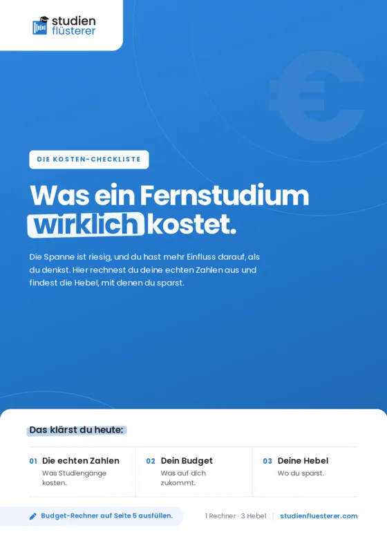 Vorschau der Kosten-Checkliste: Titelseite mit dem Satz Was ein Fernstudium wirklich kostet