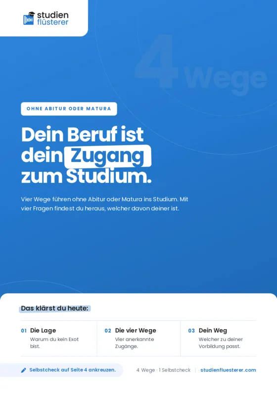 Vorschau des PDFs Studieren ohne Abitur: Titelseite mit dem Satz Dein Beruf ist dein Zugang zum Studium