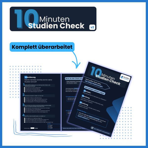 Vorschau des 10-Minuten-Studien-Checks: 12 Fragen in den Bereichen Blockaden, Einordnung und Orientierung