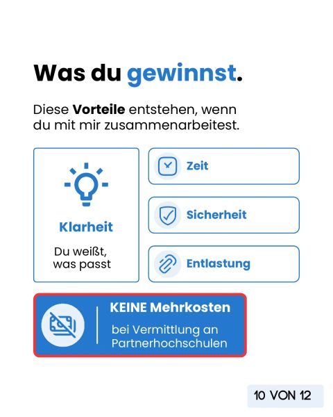 Was du gewinnst: Klarheit, Zeit, Sicherheit und Entlastung, ohne Mehrkosten bei Vermittlung an Partnerhochschulen.