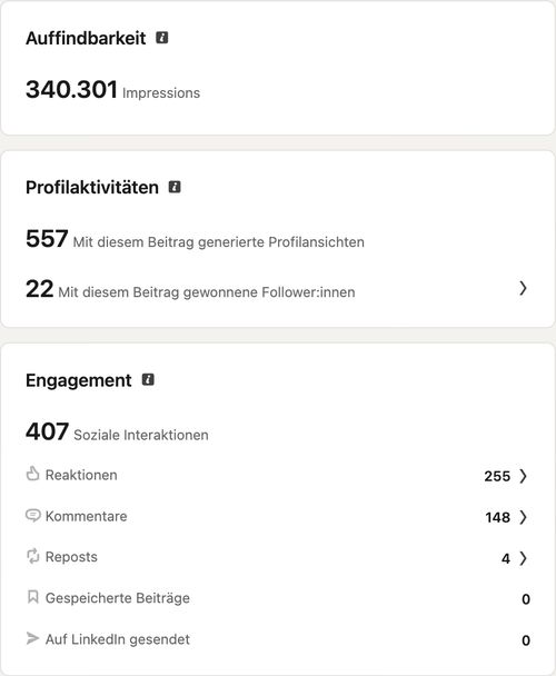 LinkedIn-Beitragsanalyse, Beitrag vom Februar 2025 zum Thema Bachelor, Master: 340.301 Impressionen, 557 Profilaufrufe, 407 Interaktionen